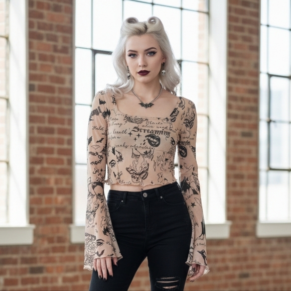 Dolls Kill Tops - ​🖤 Spooky Tattoo Print Mesh Crop Top 🖤